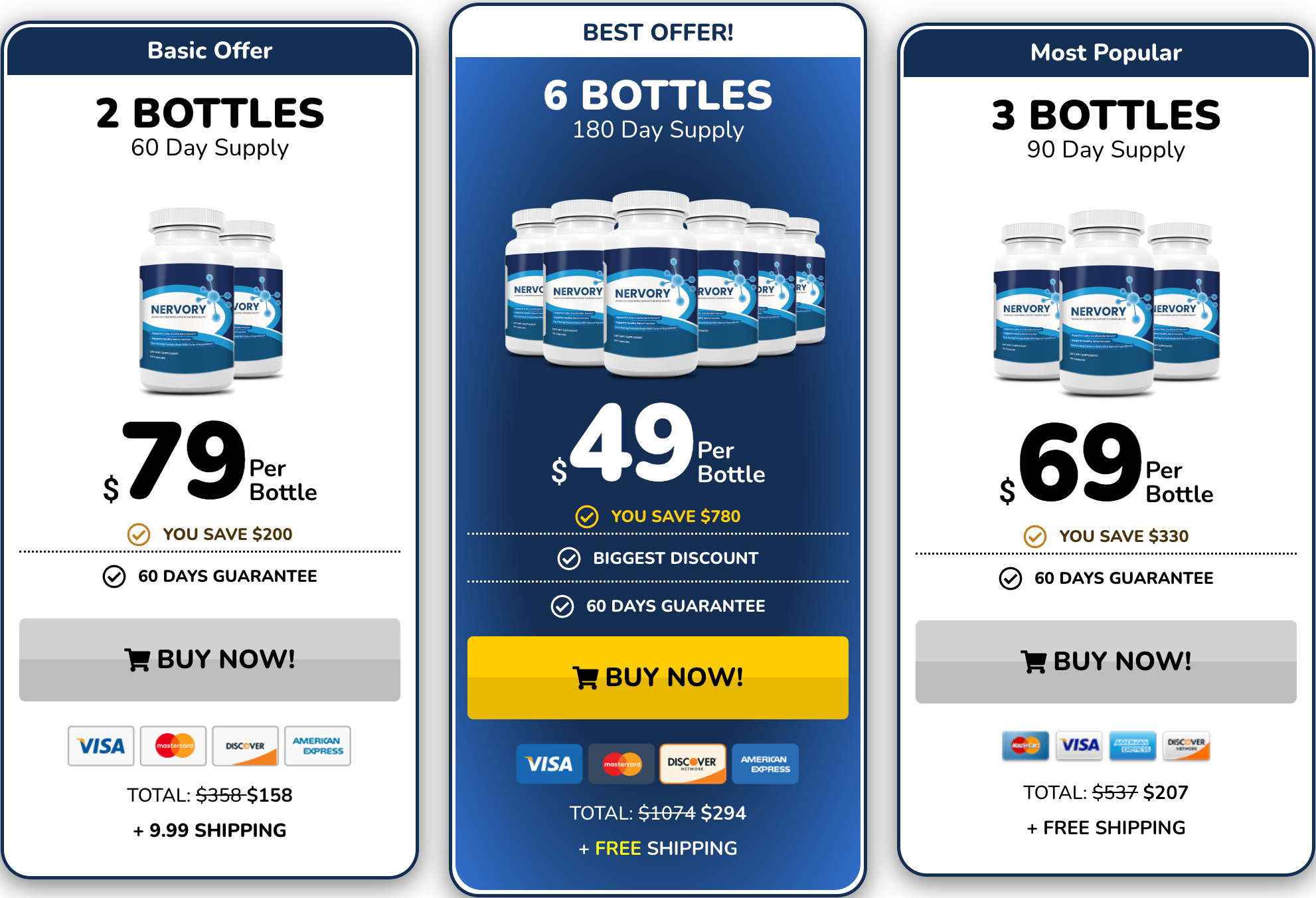 Nervory pricing: 2 bottles $79, 6 bottles $49, 3 bottles $69